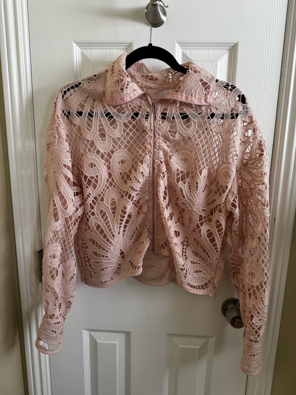 Delicate Pink Crochet Lace Zip Jacket